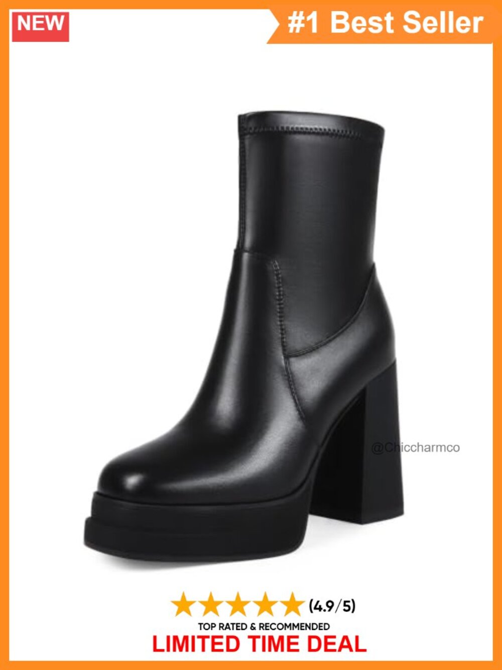 Platform Ankle Booties Faux Leather Square Toe Chunky Block Heel Side Zip